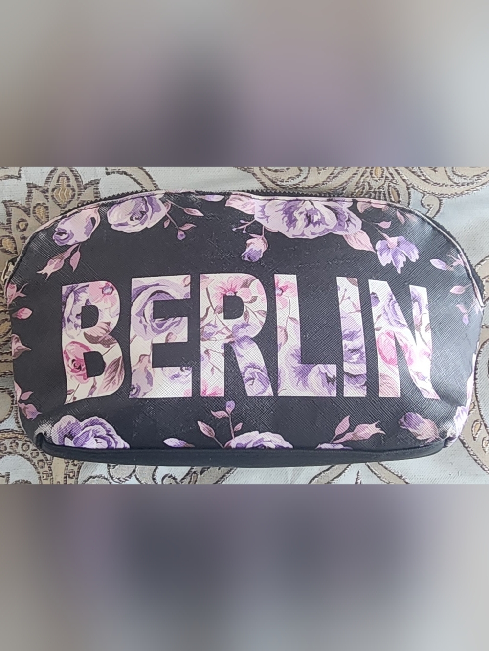 Robin Ruth Black Cosmetic Bag with Purple Floral 'BERLIN' Print